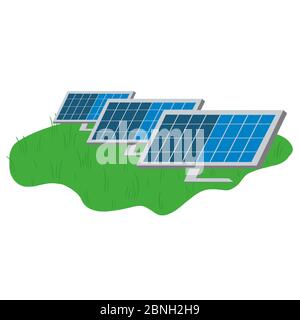 Tableau de panneaux de cellules solaires sur le champ vert. Illustration de la centrale solaire. Panneaux photovoltaïques, concept d'énergie alternative. Banque D'Images