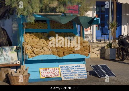 Éponges de mer (Hipospongia / Spongia spp.) de Kalymnos à vendre aux côtés de loofahs dans le port de Lipsi, Lipsi, îles Dodécanèse, Grèce, août 2013. Banque D'Images