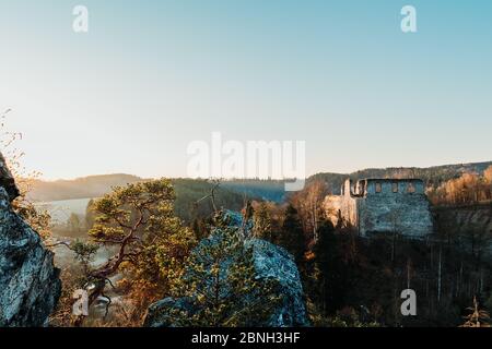 Vieux ruine gotique Divci kamen avec roche et arbre au lever du matin. République tchèque Banque D'Images