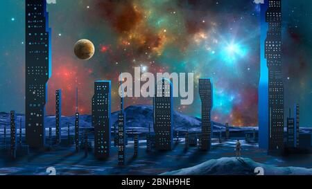 Homme debout en montagne et regarde vers la ville moderne abstraite de science-fiction avec la nébuleuse fractale colorée et la planète. Banque D'Images