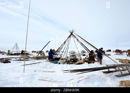 Tente de démantèlement des bergers de Nenet dans la toundra. Quartier Yar-sale. Yamal, Sibérie du Nord-Ouest, Russie. Avril 2016. Banque D'Images