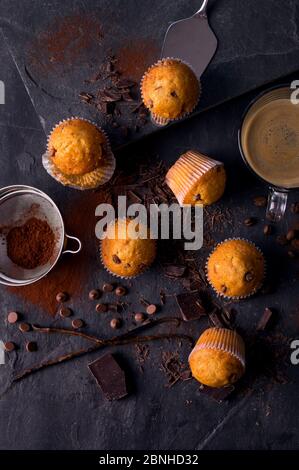 Mini-muffins ordinaires avec copeaux de chocolat sur pierre gris foncé Banque D'Images