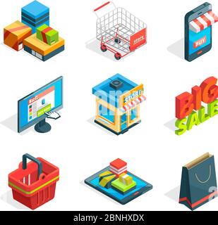 Ensemble d'icônes isométriques de shopping en ligne. Symboles de commerce électronique. Acheter sur Internet Illustration de Vecteur