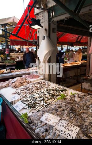 Sqiud et sardines fraîches dans le marché du Rialto Venise, Italie, avril. Banque D'Images