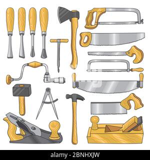 Illustrations colorées des outils de menuiserie. Travaux en bois Illustration de Vecteur