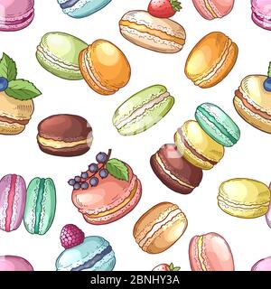 Délicieux plats français. Ensemble de macarons colorés. Motif vectoriel sans couture Illustration de Vecteur