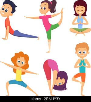 Yoga pour les enfants. Les enfants heureux font différents exercices. Jeu de caractères de dessin animé Illustration de Vecteur