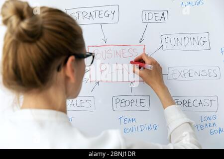 femme qui dessine le schéma fonctionnel du plan d'affaires avec un marqueur sur le tableau blanc Banque D'Images