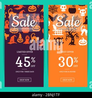 Modèles de bannières de vente de scénario halloween avec sorcières, citrouilles, fantômes, silhouettes d'araignées Illustration de Vecteur