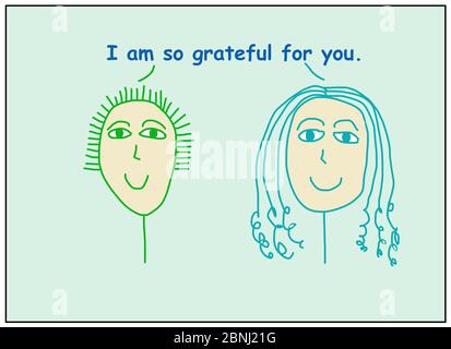 Caricature en couleur de deux femmes souriantes disant que je suis si reconnaissant pour vous. Banque D'Images