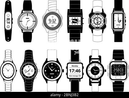 Montres de sport mécaniques et électroniques de style monochrome. Les images vectorielles sont définies sur blanc Illustration de Vecteur