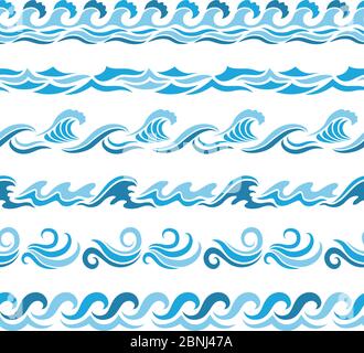 Motifs horizontaux sans couture avec vagues bleues stylisées Illustration de Vecteur