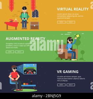 Bannières horizontales de personnes drôles qui joue dans le casque vr. Jeux vidéo Illustration de Vecteur