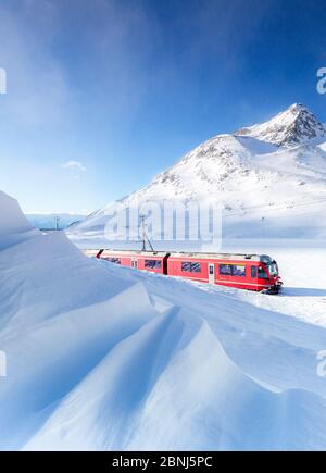 Bernina Express transit le long de Lago Bianco pendant l'hiver blizzard, Bernina Pass, Engadine, canton de Graubunden, Suisse, Europe Banque D'Images