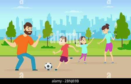 Illustrations de parents actifs jouant à des jeux sportifs dans un parc urbain. Couple familial drôle dans le style de dessin animé Illustration de Vecteur