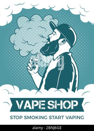 Hipster tenant la cigarette électronique, il fume et fait de la vapeur. Modèle d'affiche pour le magasin de vapotage ou le club Illustration de Vecteur