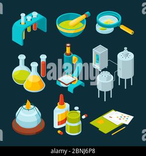 Illustrations isométriques de l'industrie pharmaceutique et chimique Illustration de Vecteur
