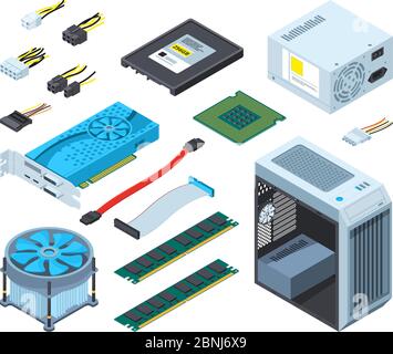 Illustrations de différentes pièces électroniques et composants pour ordinateur Illustration de Vecteur