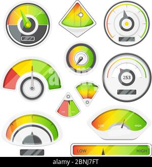 Différents indicateurs de vitesse. Images vectorielles de compteurs de vitesse et de tachymètres Illustration de Vecteur