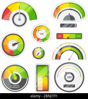 Jeu d'icônes de niveau, de tachymètre et de niveau de batterie. Ensemble d'images vectorielles Illustration de Vecteur