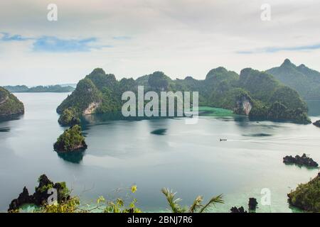 Vue sur les îlots de calcaire depuis le point d'observation de l'île Piaynemo, Raja Ampat, Papouasie occidentale, îles Spice, Indonésie, Asie du Sud-est, Asie Banque D'Images