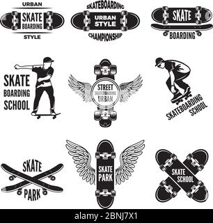 Étiquettes monochromes de patineurs. Photos de skateboard Illustration de Vecteur