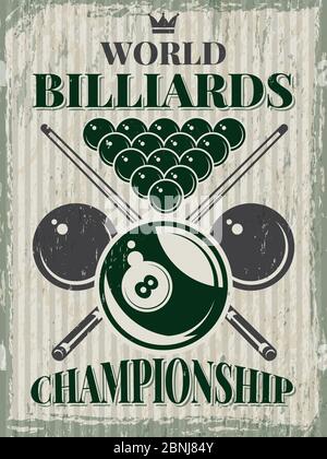 Affiche sport rétro pour club de billard. Modèle de conception vectoriel avec emplacement pour votre texte Illustration de Vecteur