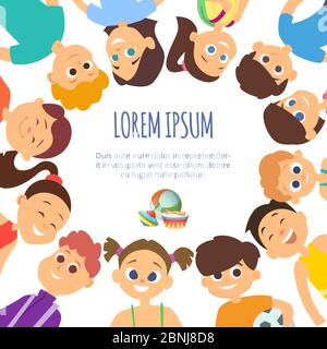 Arrière-plan avec visages souriants de différents enfants garçons et filles. Modèle d'affiche avec emplacement pour votre texte Illustration de Vecteur