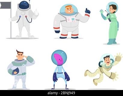 Astronautes masculins et féminins. Personnages de dessin animé en action poses Illustration de Vecteur