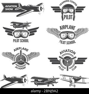 Jeu d'étiquettes avec illustrations d'avions vintage. Photos de voyage et logo pour aviateurs Illustration de Vecteur