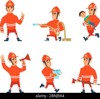 Les personnages de dessins animés des pompiers en action se posent Illustration de Vecteur