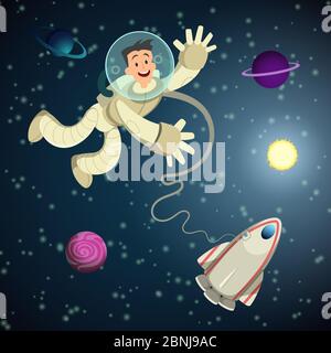 Astronaute dans l'espace ouvert avec navette et quelques planètes. Fond de dessin animé vectoriel Illustration de Vecteur