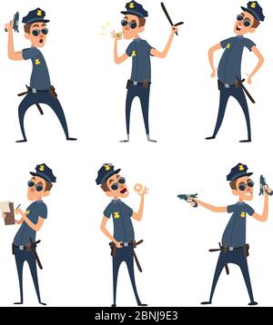 Policiers dans différentes poses d'action. Sécurité pour Homme en style dessin animé Illustration de Vecteur