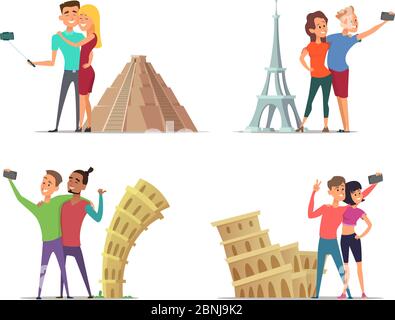 Les couples heureux font le selfie près des monuments. Caractères vectoriels en style de dessin animé Illustration de Vecteur