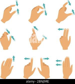 Mains et doigts touchant l'écran des ordinateurs portables, des tablettes et des smartphones Illustration de Vecteur