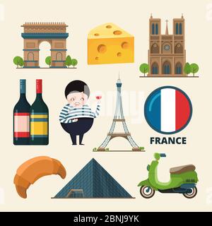 Collection de sites touristiques de france. Icône vectorielle définie dans le style de dessin animé Illustration de Vecteur