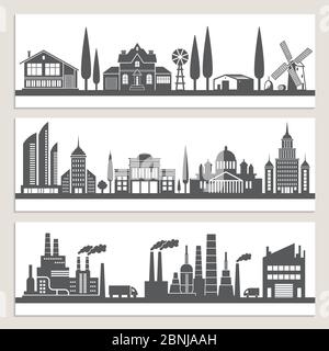 Jeu de bannières horizontales avec illustrations monochromes de paysages urbains. Silhouette de bâtiments modernes Illustration de Vecteur