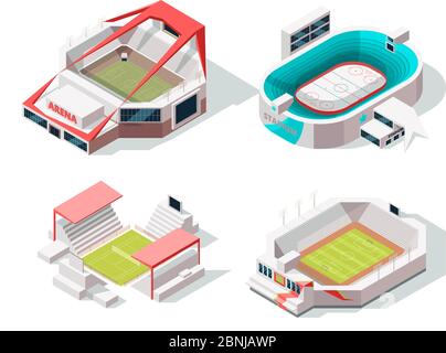 Extérieur des bâtiments du stade : hockey, football et tennis. Images isométriques Illustration de Vecteur