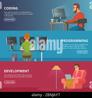 Bannières horizontales avec illustrations de concepteurs et de programmeurs Illustration de Vecteur