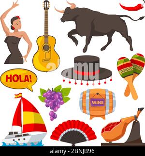 Photos de voyage d'objets culturels espagnols. Les illustrations de style dessin animé isolent Illustration de Vecteur