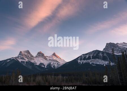 Lumière du soir sur les sommets des trois Sœurs près du parc national Banff, Canmore, Alberta, Rocheuses canadiennes, Canada, Amérique du Nord Banque D'Images