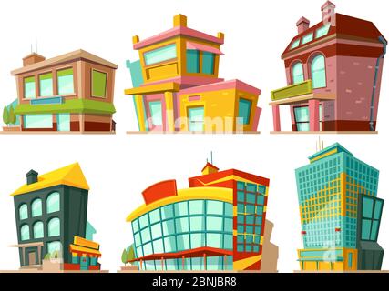 Bâtiments de dessin animé. Les illustrations vectorielles définissent isoler sur blanc Illustration de Vecteur