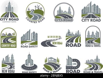 Grand modèle monochrome de logotypes avec routes asphaltées, autoroutes ou autoroutes Illustration de Vecteur