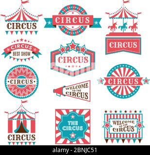 Anciens badges et étiquettes pour le carnaval et l'invitation au spectacle de cirque. Logos vectoriels monochromes Illustration de Vecteur