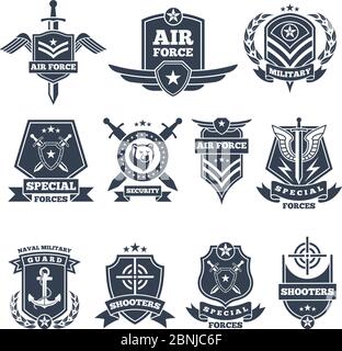 Logos et badges militaires. Symboles de l'armée isolés sur fond blanc Illustration de Vecteur