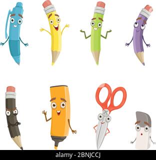 Personnages de dessin de différents outils de dessin. Crayons, stylo et autres Illustration de Vecteur