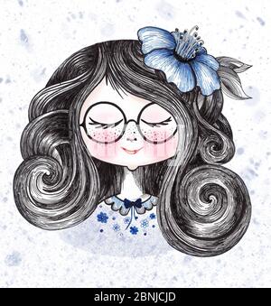 Charmante fille avec un poil bouclés, venteux et de grandes lunettes rondes rêve d'un avenir lumineux:encre lignes:dessin main Banque D'Images