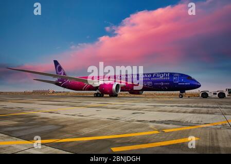 Boeing 787 Dreamliner dans la livery Dreams Take Flight, Dubaï, Émirats arabes Unis, Moyen-Orient Banque D'Images