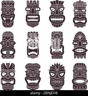 Ensemble d'illustrations vectorielles monochromes de Dieu tribal tiki Illustration de Vecteur