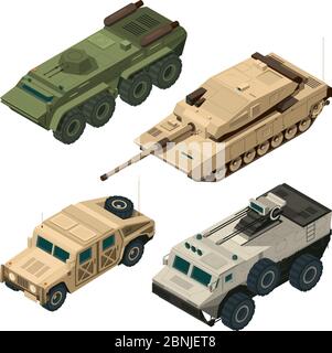 Les images vectorielles isométriques de différents véhicules militaires s'isolent sur du blanc Illustration de Vecteur